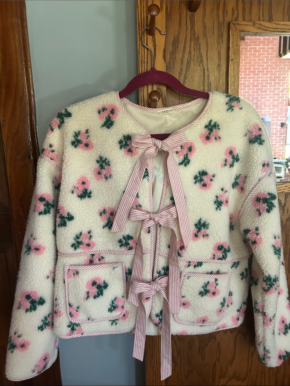 JODIFL Cream Sherpa Floral Tie Jacket with Pink Striped Trim